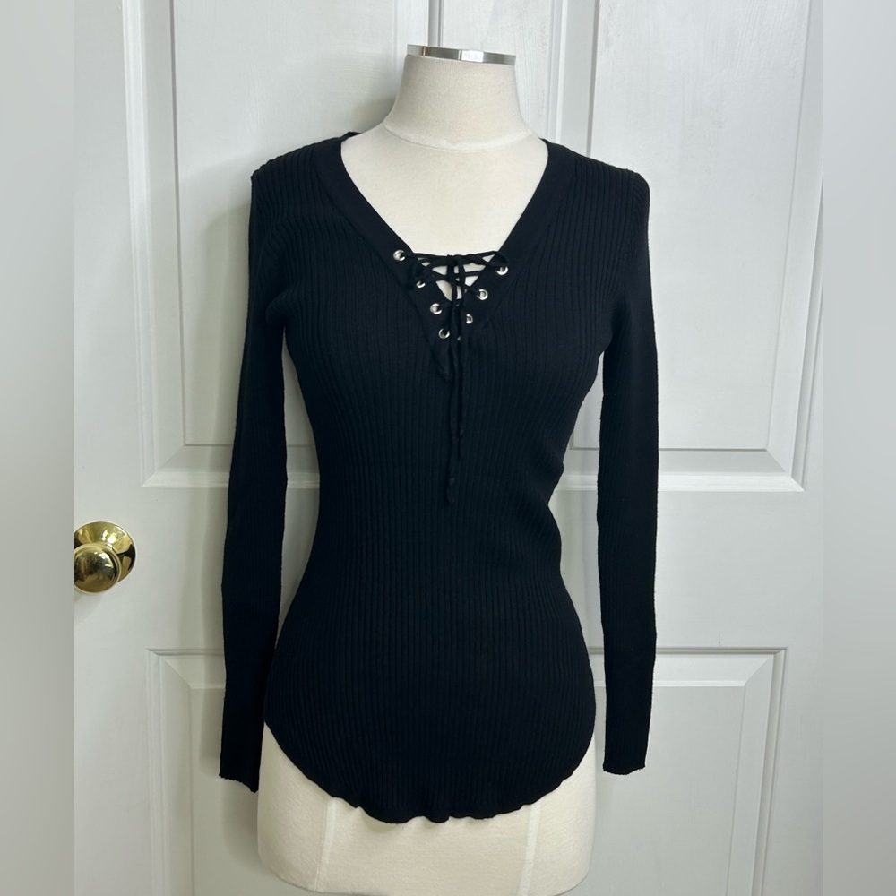 Rue21 Long Sleeve Shirt Juniors Large Knit Black Ribbed Y2K Tie Front Stretch